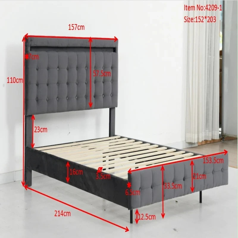 Letto Galleggiante Queen Size con Luci a LED, Testiera e Pediera Imbottite