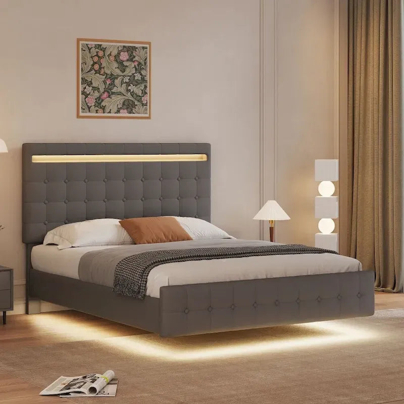 Letto Galleggiante Queen Size con Luci a LED, Testiera e Pediera Imbottite
