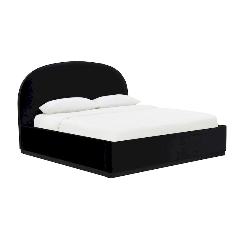 Letto King size imbottito in velluto nero/crema con base a plinto in legno
