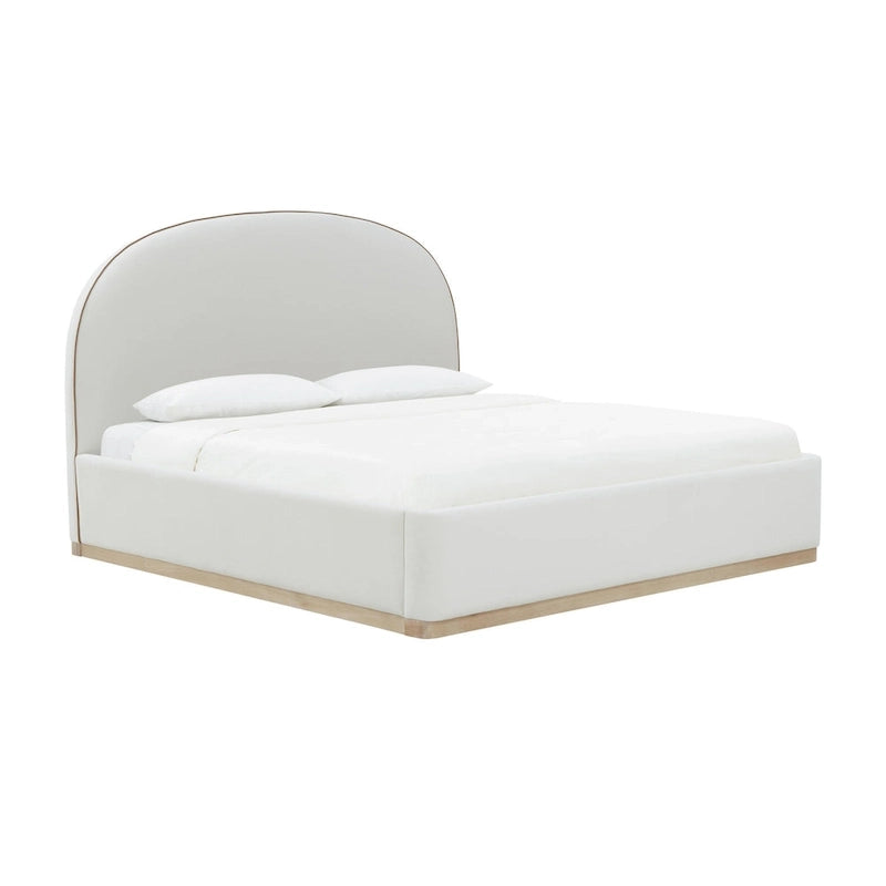 Letto King size imbottito in velluto nero/crema con base a plinto in legno