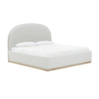 Letto King size imbottito in velluto nero/crema con base a plinto in legno