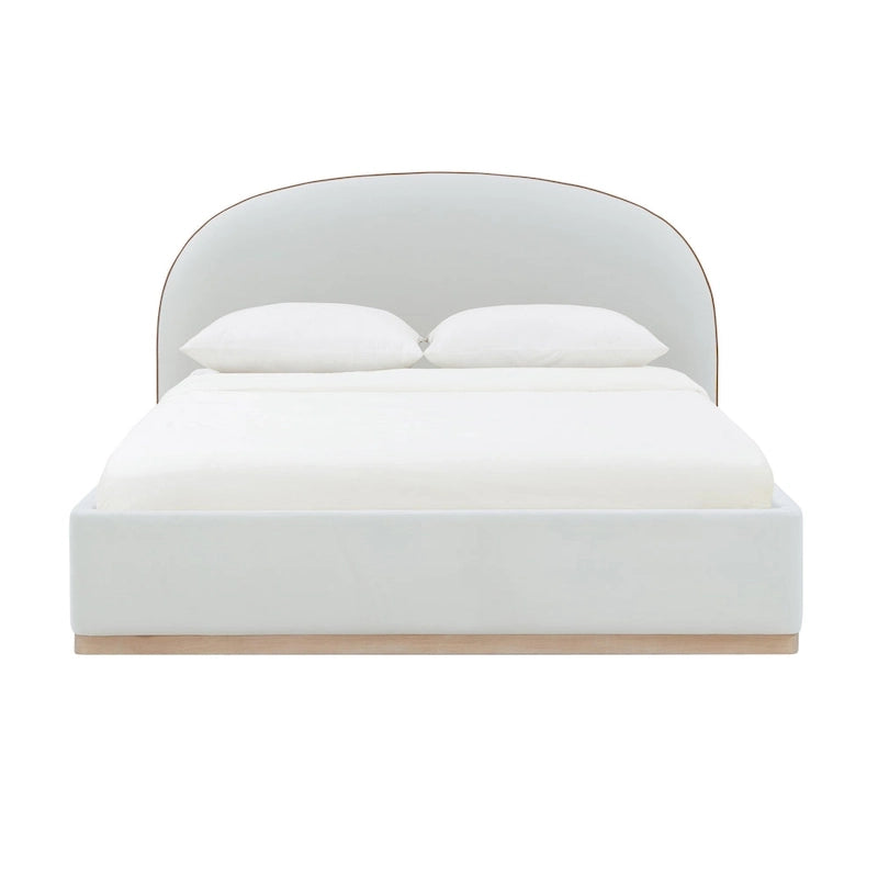Letto King size imbottito in velluto nero/crema con base a plinto in legno