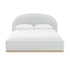 Letto King size imbottito in velluto nero/crema con base a plinto in legno