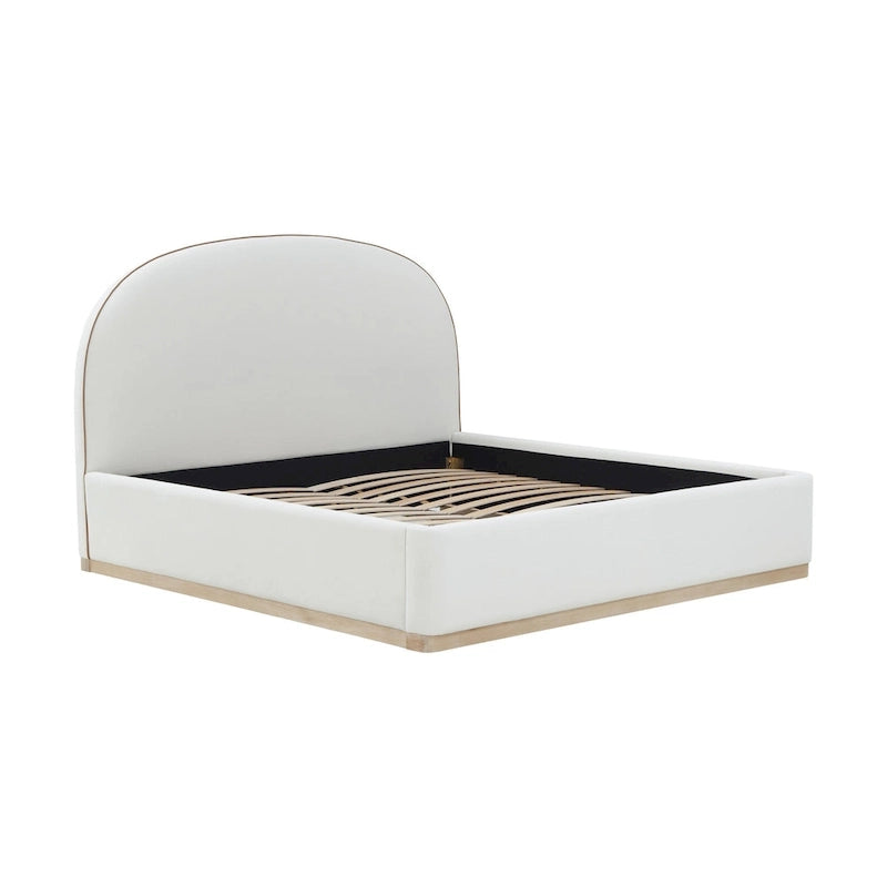 Letto King size imbottito in velluto nero/crema con base a plinto in legno