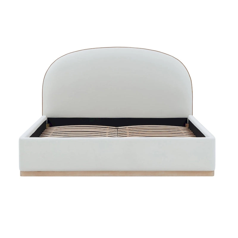 Letto King size imbottito in velluto nero/crema con base a plinto in legno