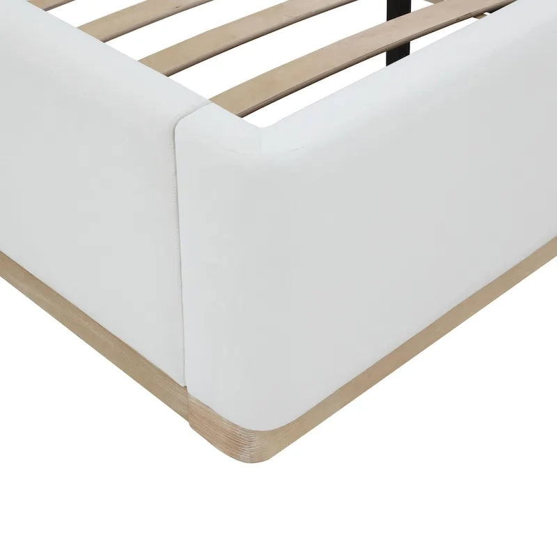 Letto King size imbottito in velluto nero/crema con base a plinto in legno