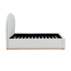 Letto King size imbottito in velluto nero/crema con base a plinto in legno
