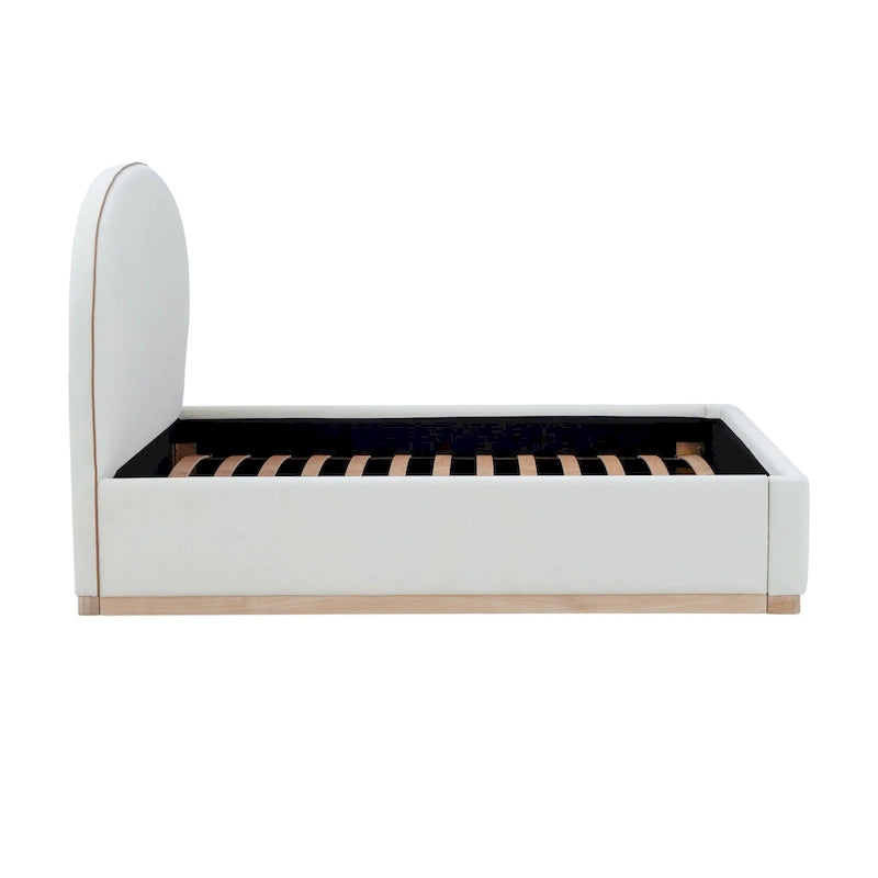 Letto King size imbottito in velluto nero/crema con base a plinto in legno