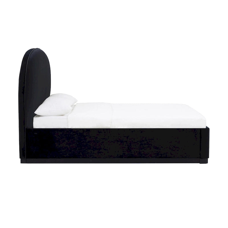 Letto King size imbottito in velluto nero/crema con base a plinto in legno