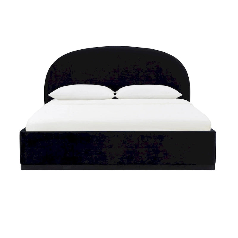 Letto King size imbottito in velluto nero/crema con base a plinto in legno