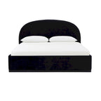 Letto King size imbottito in velluto nero/crema con base a plinto in legno