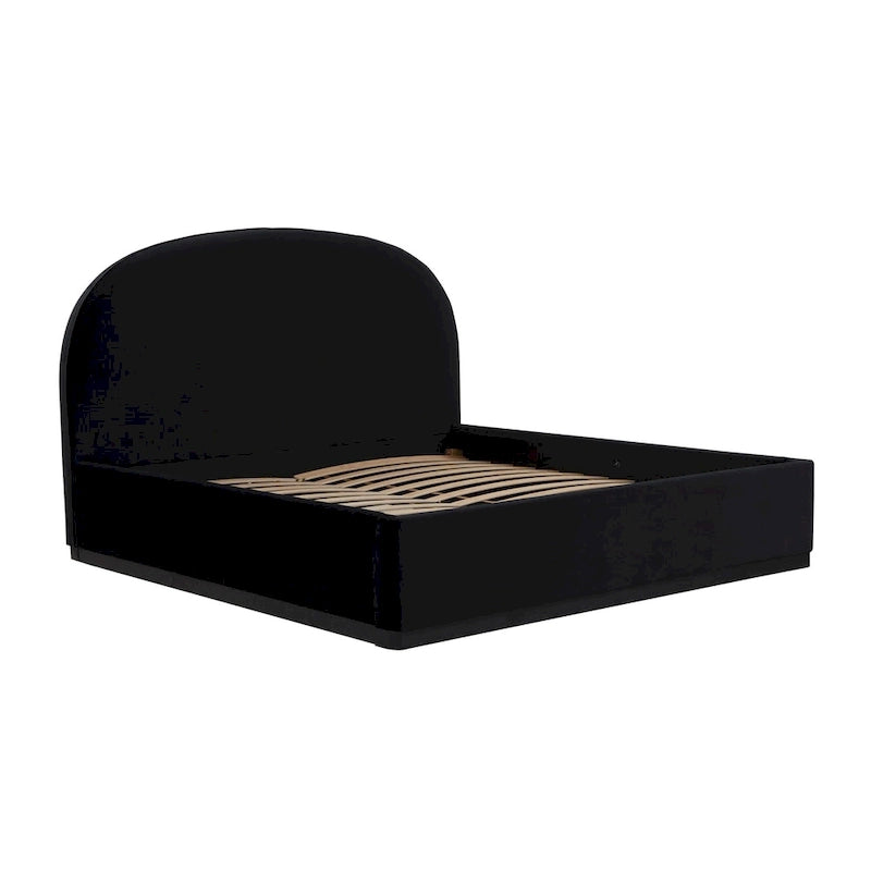 Letto King size imbottito in velluto nero/crema con base a plinto in legno