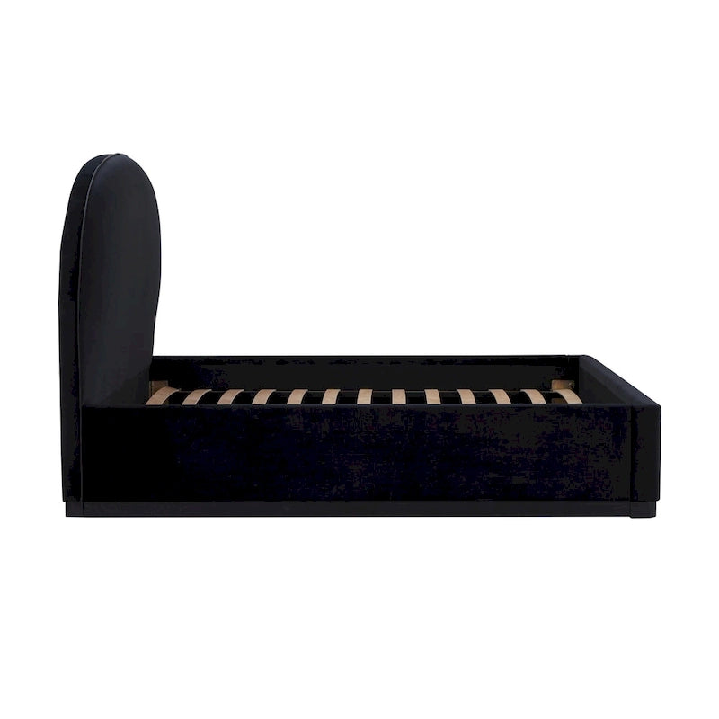 Letto King size imbottito in velluto nero/crema con base a plinto in legno