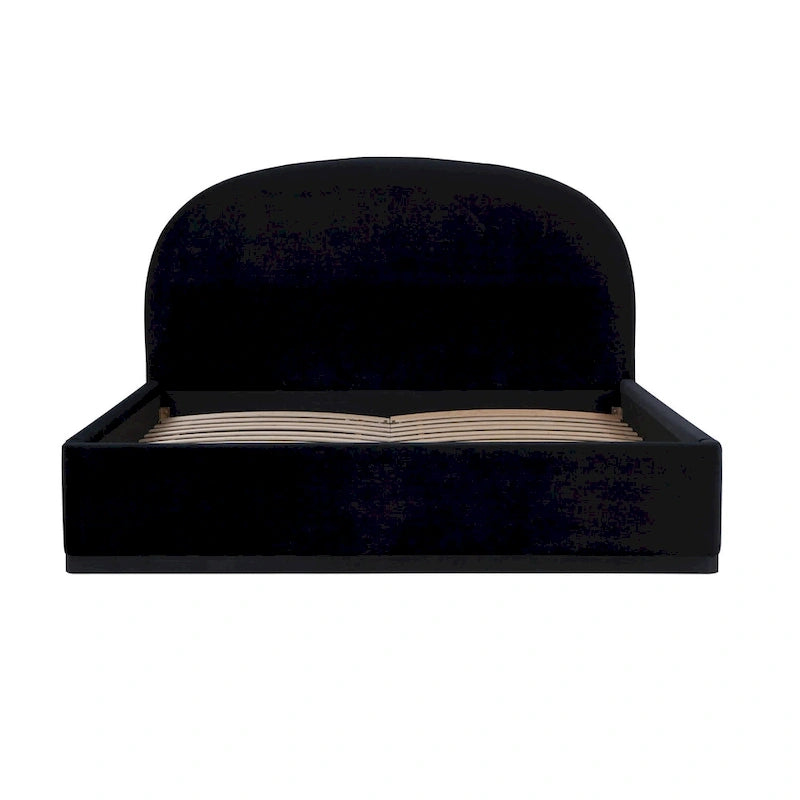 Letto King size imbottito in velluto nero/crema con base a plinto in legno